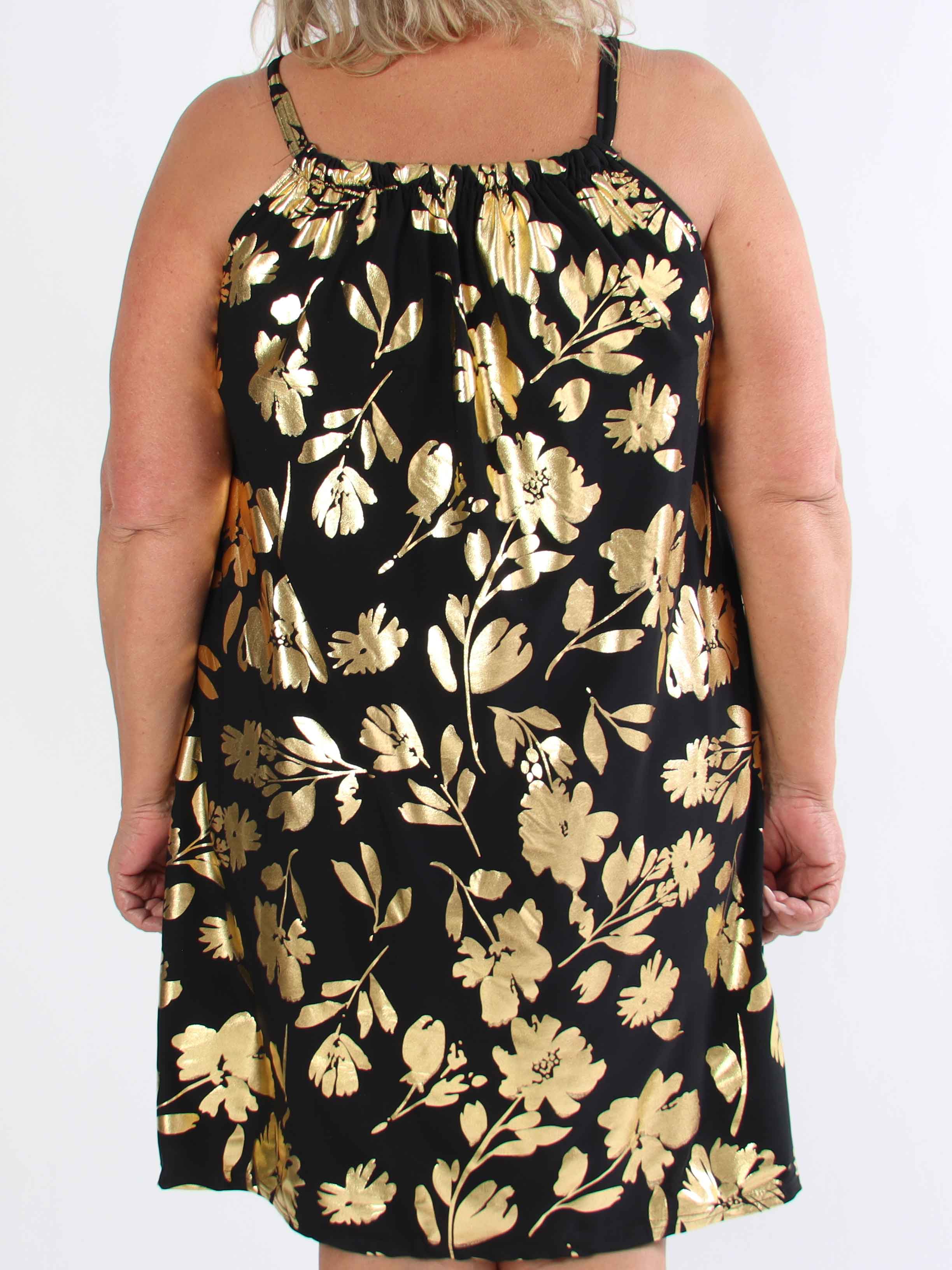 SunLove Gold Flower - Elastisk plus size stropkjole med store guldblade